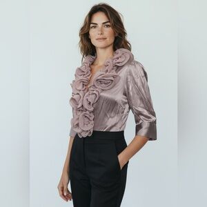 Bebe Women’s Size Medium Short Sleeve Front Ruffle V Neck Pink Top